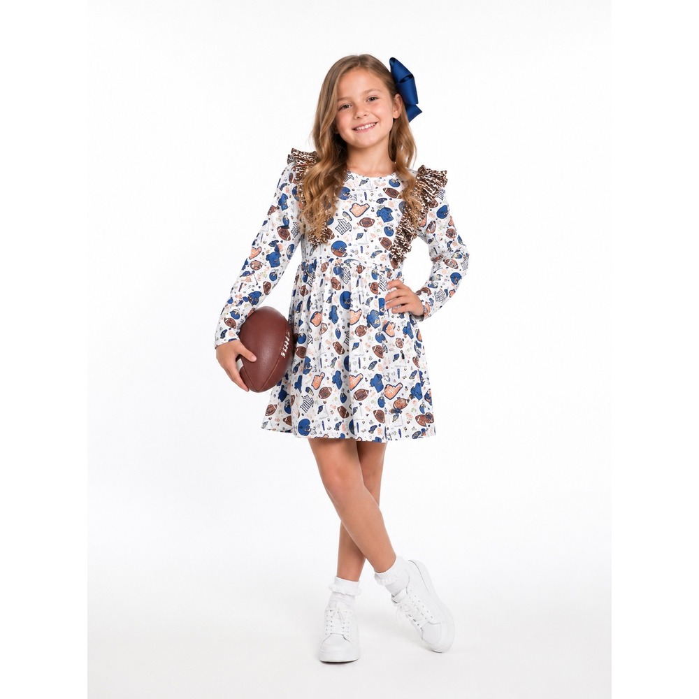 Pete + Lucy Girls Football Print Long Sleeve Ruffle Dress White‎ Blue Size 6/6X